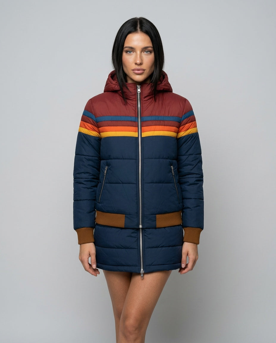 Gemma Striped High Neck Woven Hip-Length Jacket - Navy