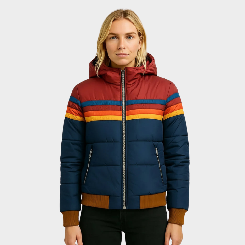 Gemma Striped High Neck Woven Hip-Length Jacket - Navy