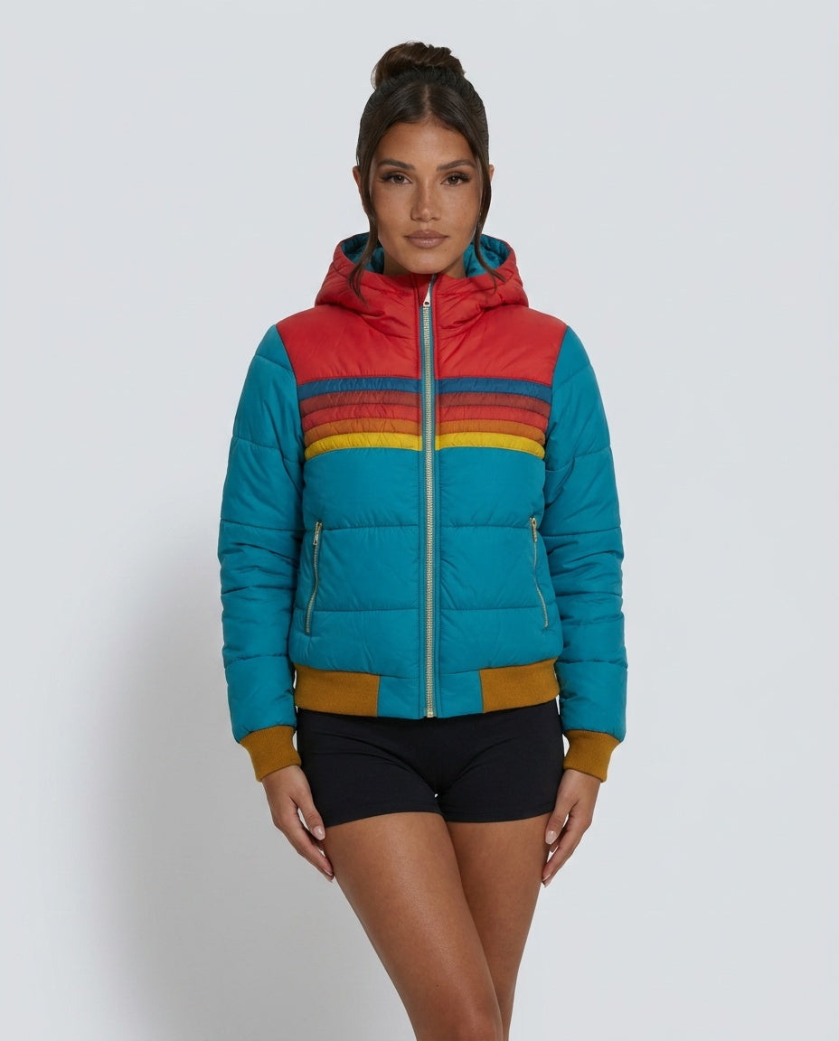 Gemma Striped High Neck Woven Hip-Length Jacket - Turquoise