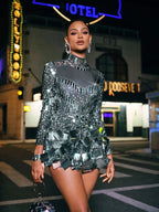 Georgia Long Sleeve Embellished Mesh Mini Dress - Gray