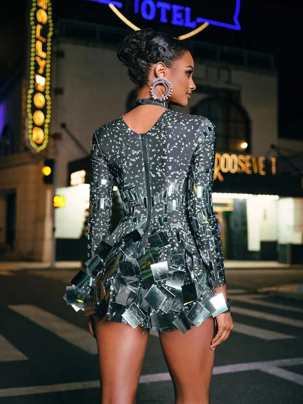 Georgia Long Sleeve Embellished Mesh Mini Dress - Gray