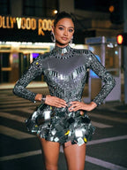 Georgia Long Sleeve Embellished Mesh Mini Dress - Gray