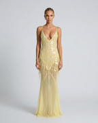 Goldie Sequin Beaded V-Neck Flared Maxi Dress - Yellow