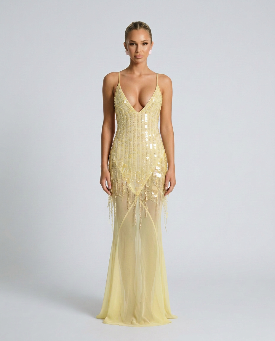 Goldie Sequin Beaded V-Neck Flared Maxi Dress - Yellow