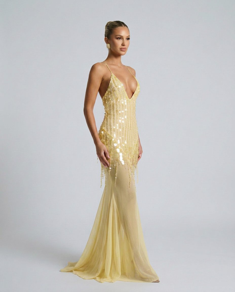 Goldie Sequin Beaded V-Neck Flared Maxi Dress - Yellow