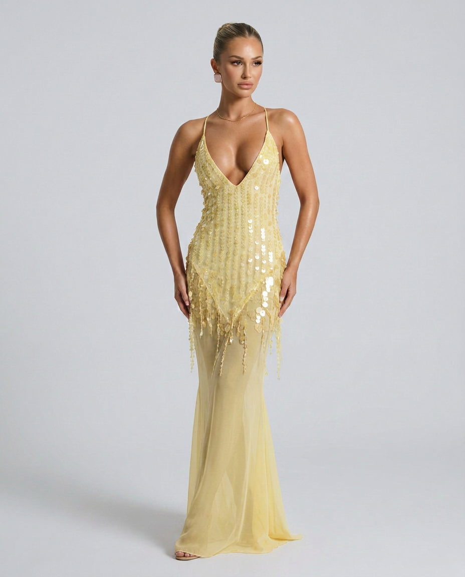 Goldie Sequin Beaded V-Neck Flared Maxi Dress - Yellow
