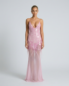 Goldie Sequin Beaded V-Neck Flared Maxi Dress - Pink