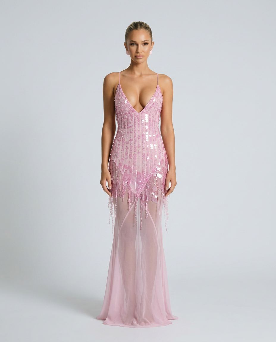 Goldie Sequin Beaded V-Neck Flared Maxi Dress - Pink