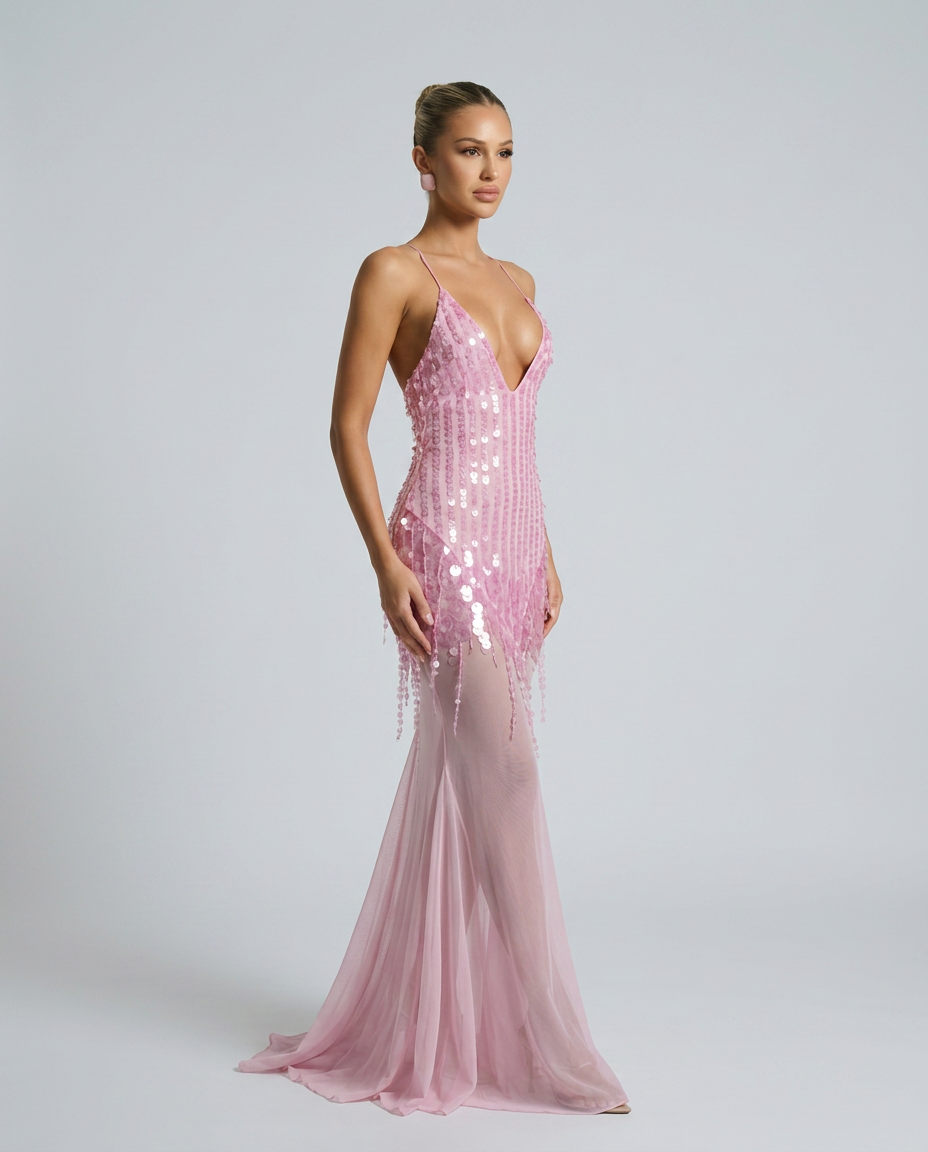 Goldie Sequin Beaded V-Neck Flared Maxi Dress - Pink