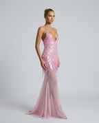 Goldie Sequin Beaded V-Neck Flared Maxi Dress - Pink