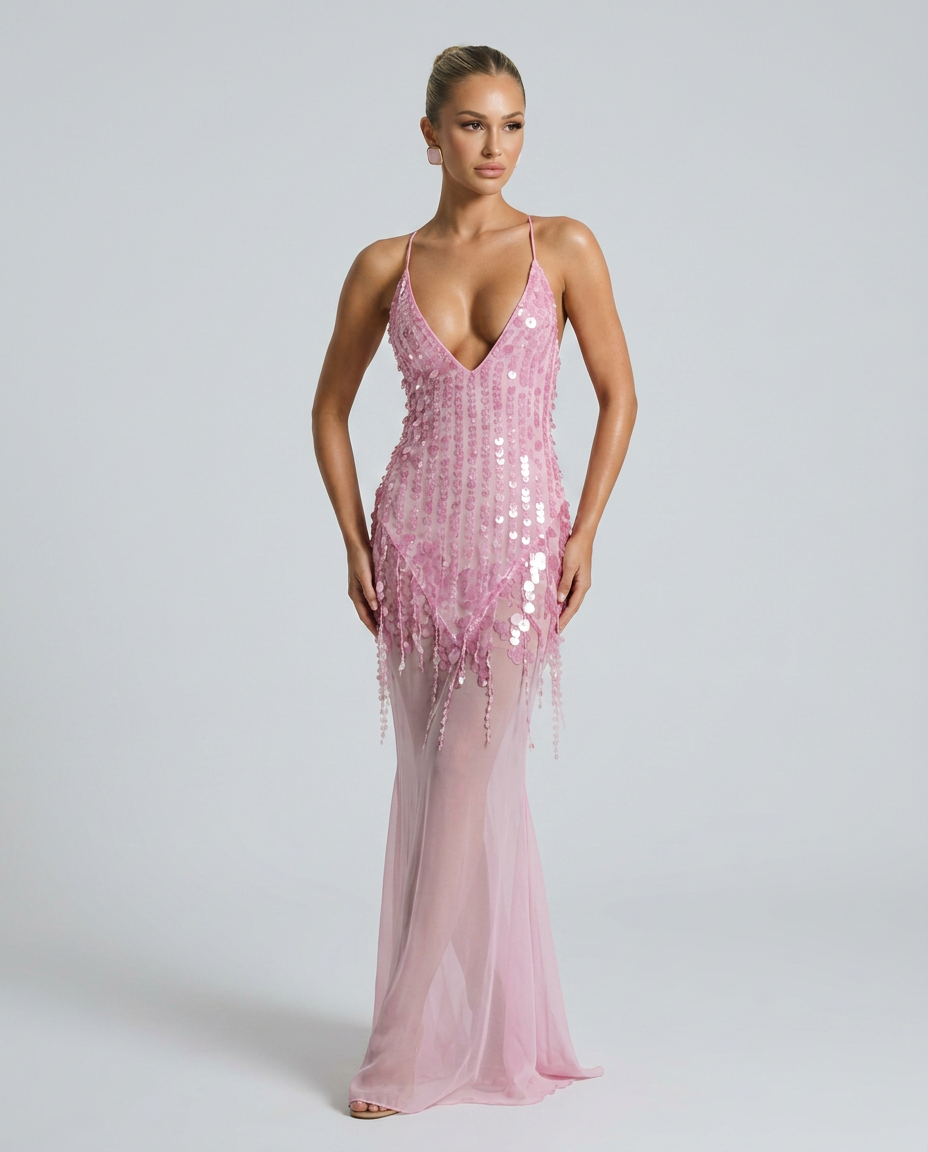Goldie Sequin Beaded V-Neck Flared Maxi Dress - Pink