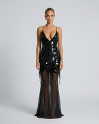 Goldie Sequin Beaded V-Neck Flared Maxi Dress - Black