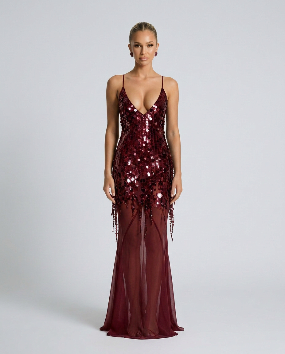 Goldie Sequin Beaded V-Neck Flared Maxi Dress - Wine Red