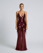 Goldie Sequin Beaded V-Neck Flared Maxi Dress - Wine Red