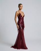 Goldie Sequin Beaded V-Neck Flared Maxi Dress - Wine Red