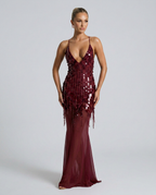 Goldie Sequin Beaded V-Neck Flared Maxi Dress - Wine Red
