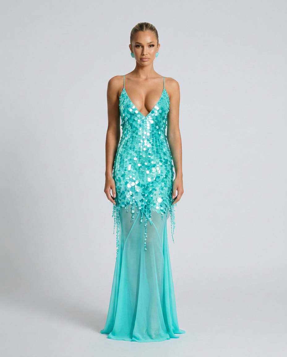 Goldie Sequin Beaded V-Neck Flared Maxi Dress - Turquoise