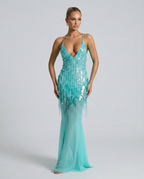 Goldie Sequin Beaded V-Neck Flared Maxi Dress - Turquoise