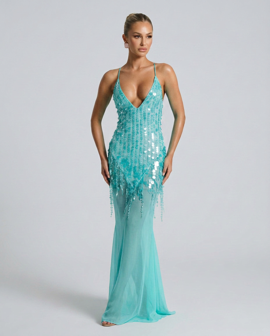 Goldie Sequin Beaded V-Neck Flared Maxi Dress - Turquoise