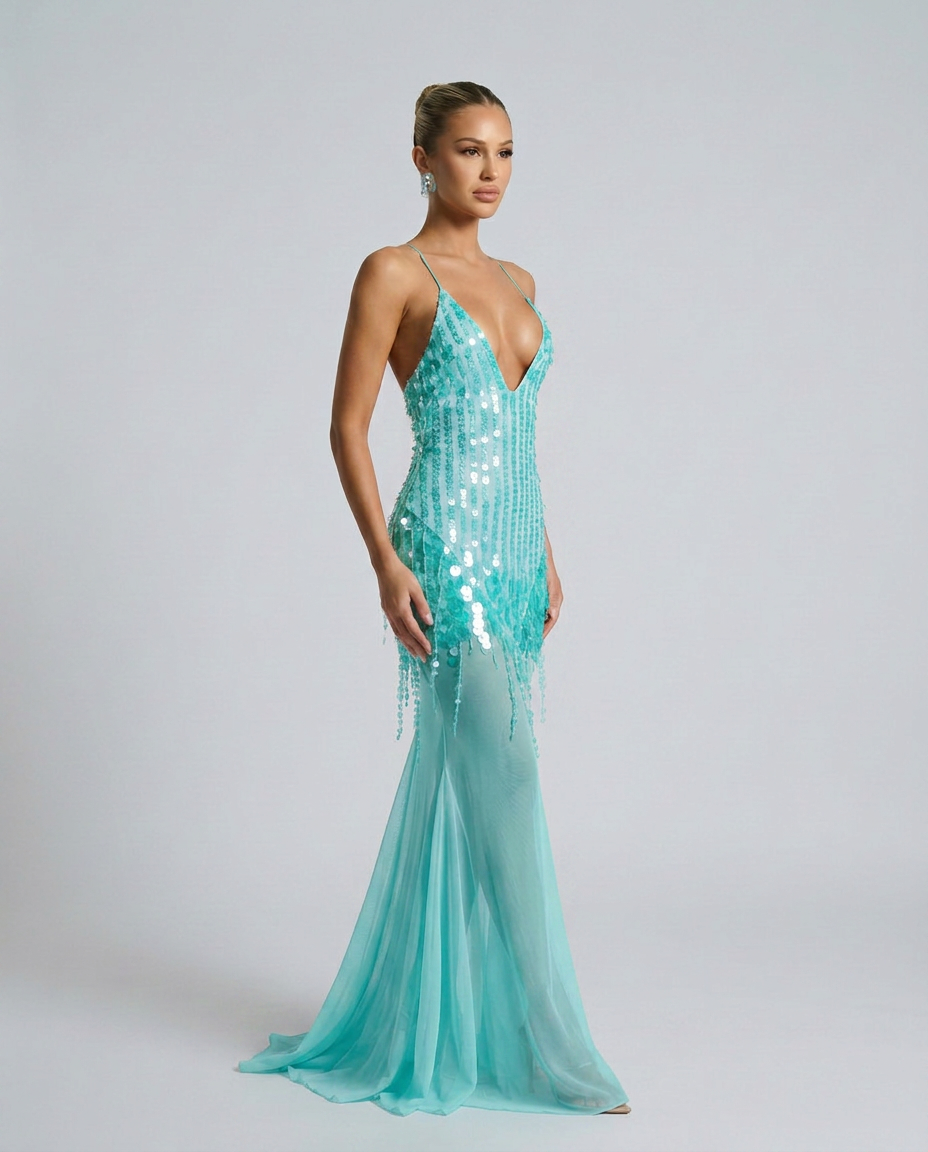 Goldie Sequin Beaded V-Neck Flared Maxi Dress - Turquoise