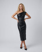 Imogen One Shoulder Faux Leather Look Midi Dress - Black