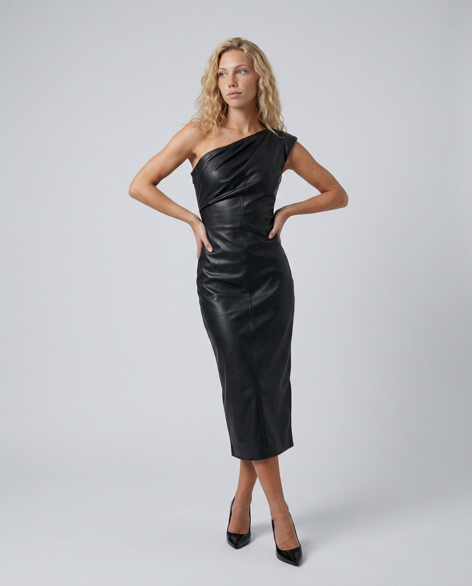 Imogen One Shoulder Faux Leather Look Midi Dress - Black