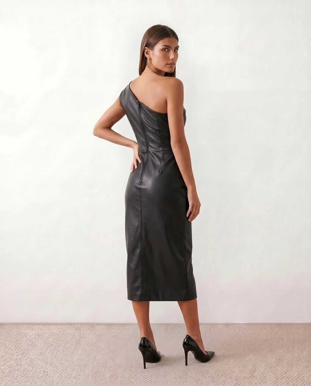 Imogen One Shoulder Faux Leather Look Midi Dress - Black