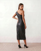 Imogen One Shoulder Faux Leather Look Midi Dress - Black