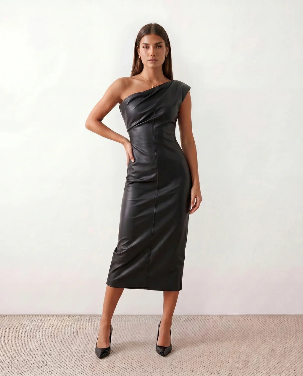 Imogen One Shoulder Faux Leather Look Midi Dress - Black