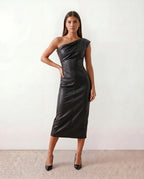 Imogen One Shoulder Faux Leather Look Midi Dress - Black