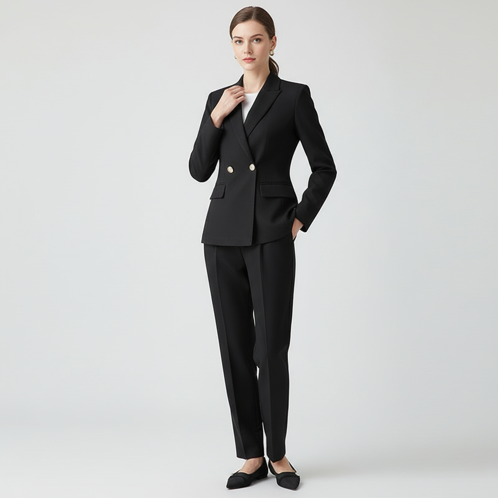 Isolde Collared Double Breasted Woven Two-Piece Set - Black