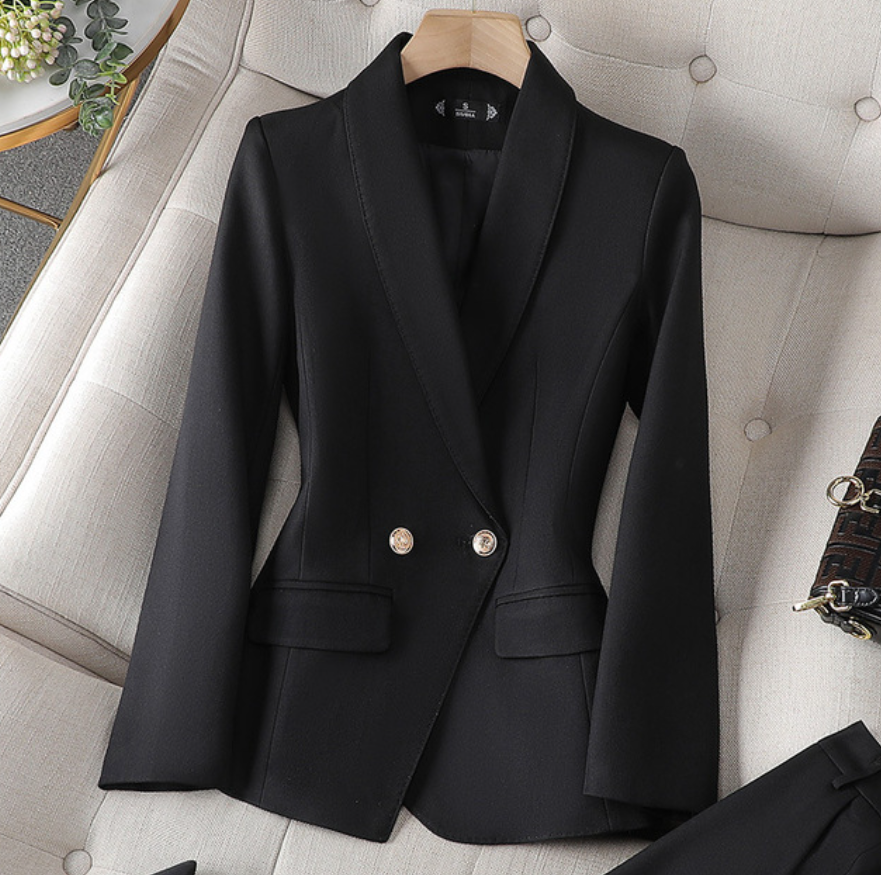 Isolde Collared Double Breasted Woven Two-Piece Set - Black