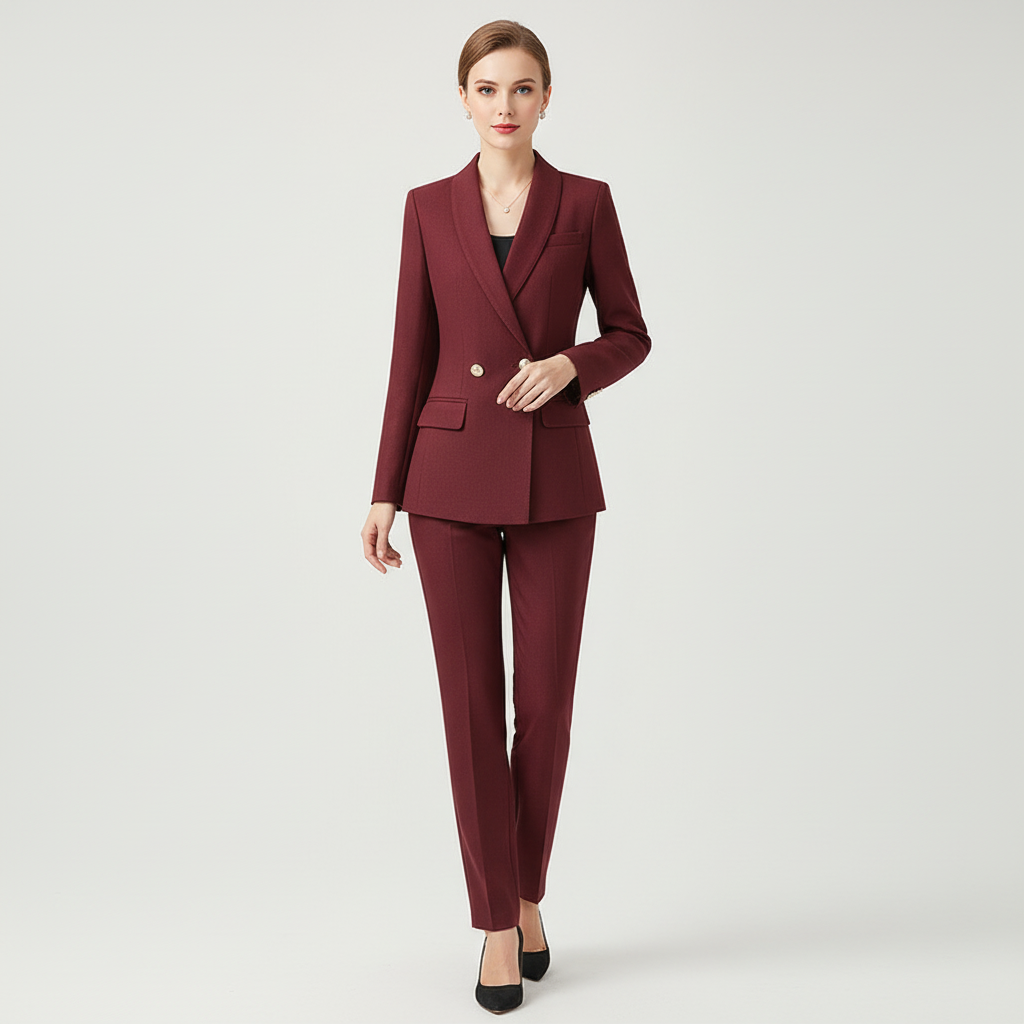 Isolde Collared Double Breasted Woven Two-Piece Set - Burgundy
