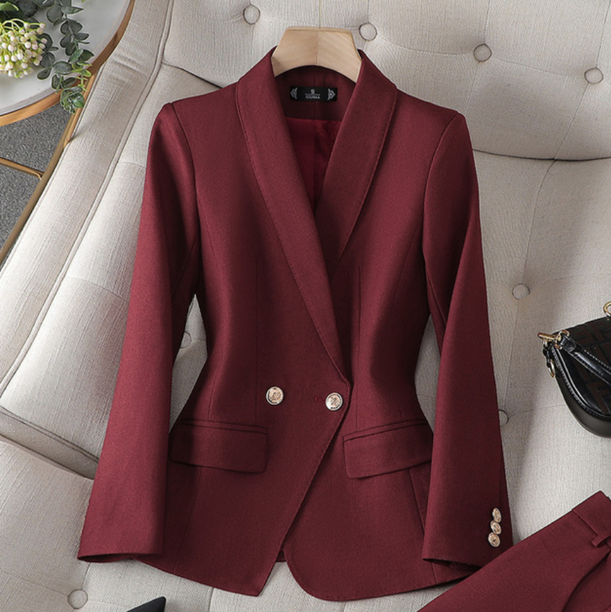 Isolde Collared Double Breasted Woven Two-Piece Set - Burgundy