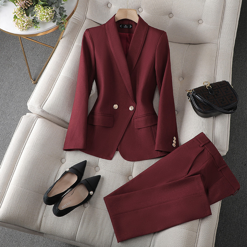 Isolde Collared Double Breasted Woven Two-Piece Set - Burgundy