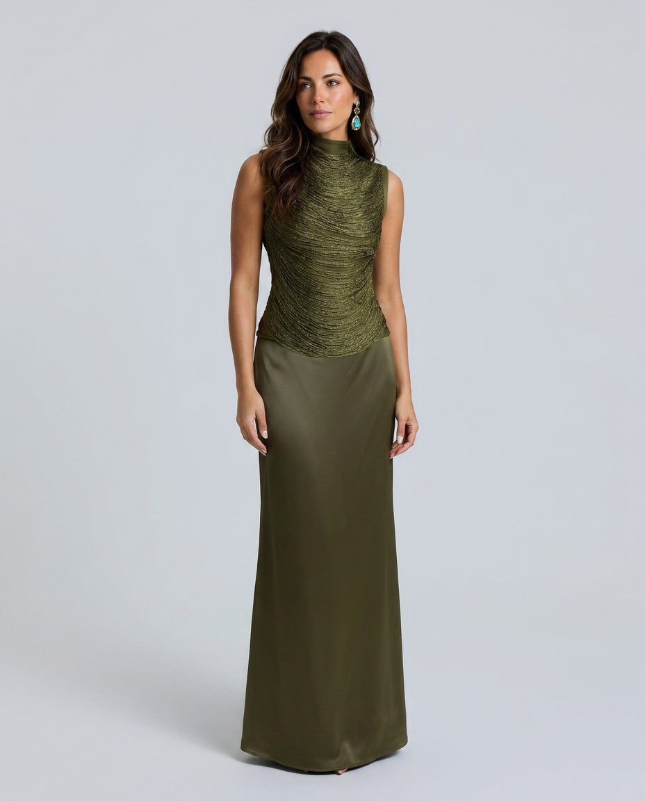 Josephine Sleeveless High Neck Pleated Two-Piece Set - Olive Green