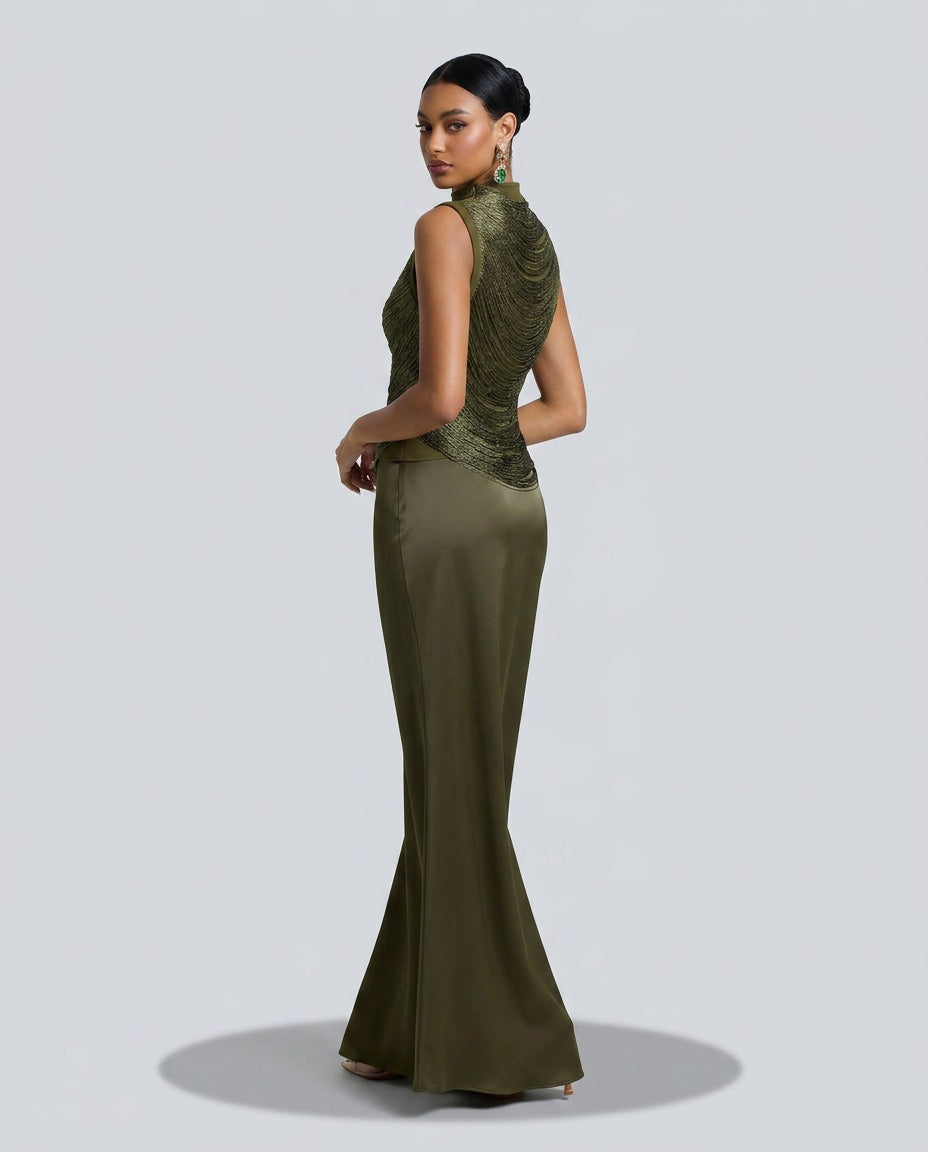 Josephine Sleeveless High Neck Pleated Two-Piece Set - Olive Green