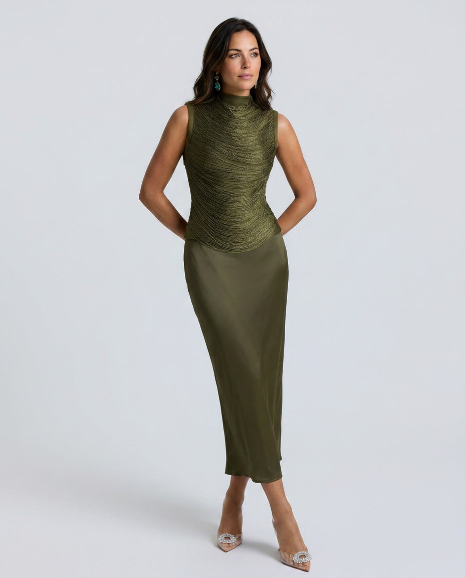 Josephine Sleeveless High Neck Pleated Two-Piece Set - Olive Green