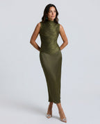 Josephine Sleeveless High Neck Pleated Two-Piece Set - Olive Green