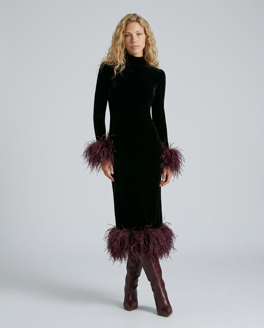 Karla Black Velvet Feather Trim Column Midi Dress - Black