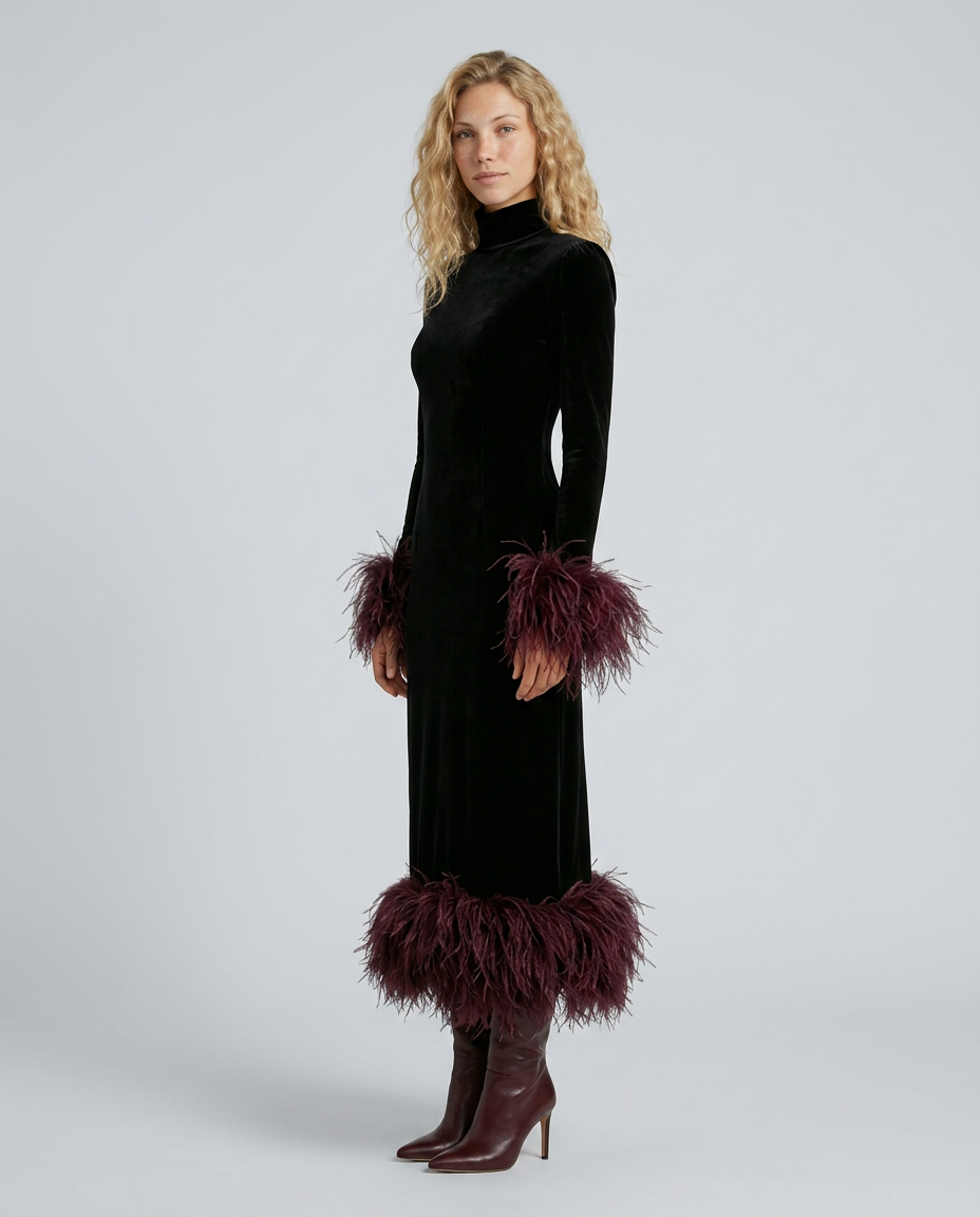 Karla Black Velvet Feather Trim Column Midi Dress - Black