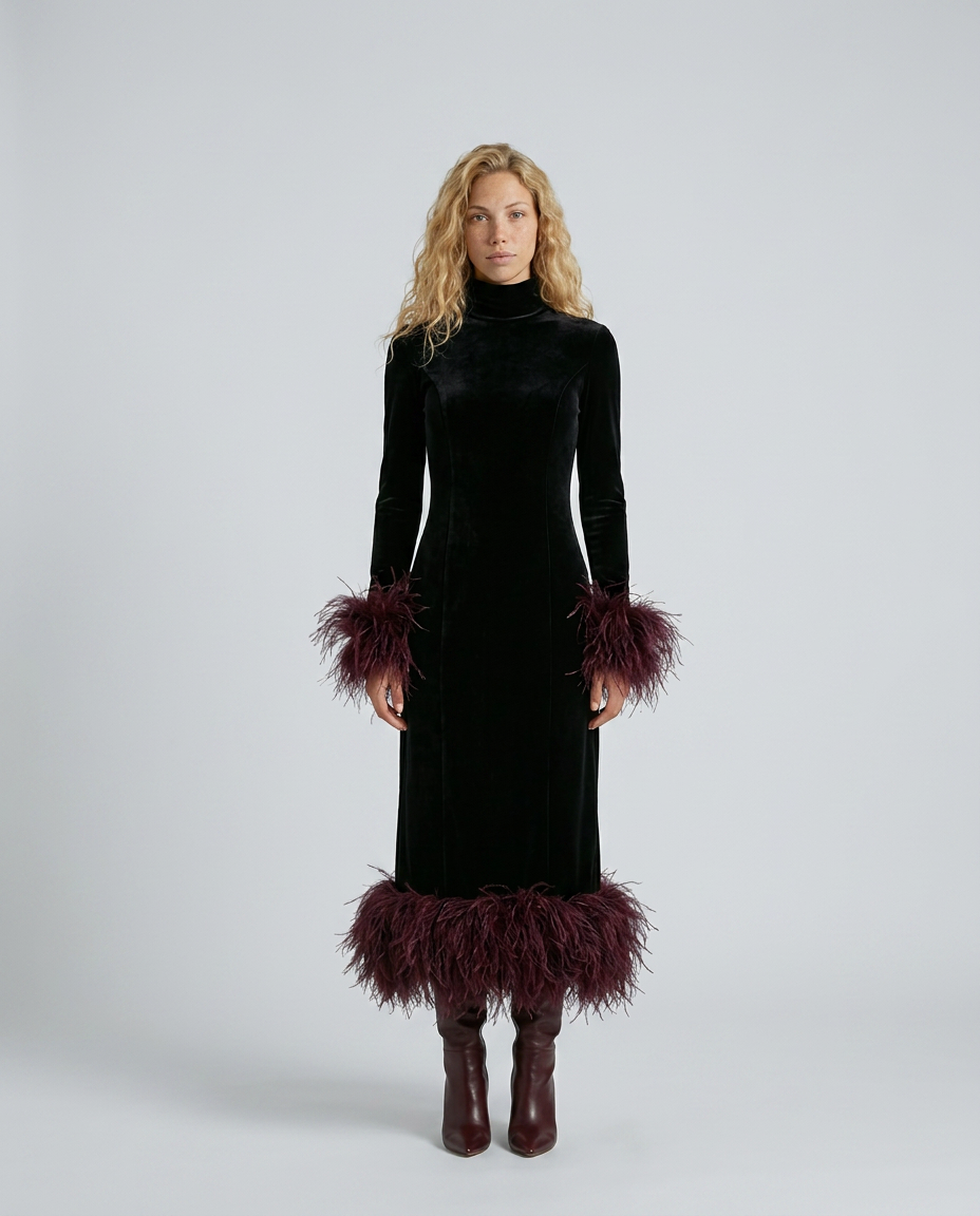 Karla Black Velvet Feather Trim Column Midi Dress - Black