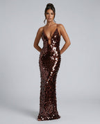 Kira Allover Sequin V-Neck Column Maxi Dress for Women - Brown