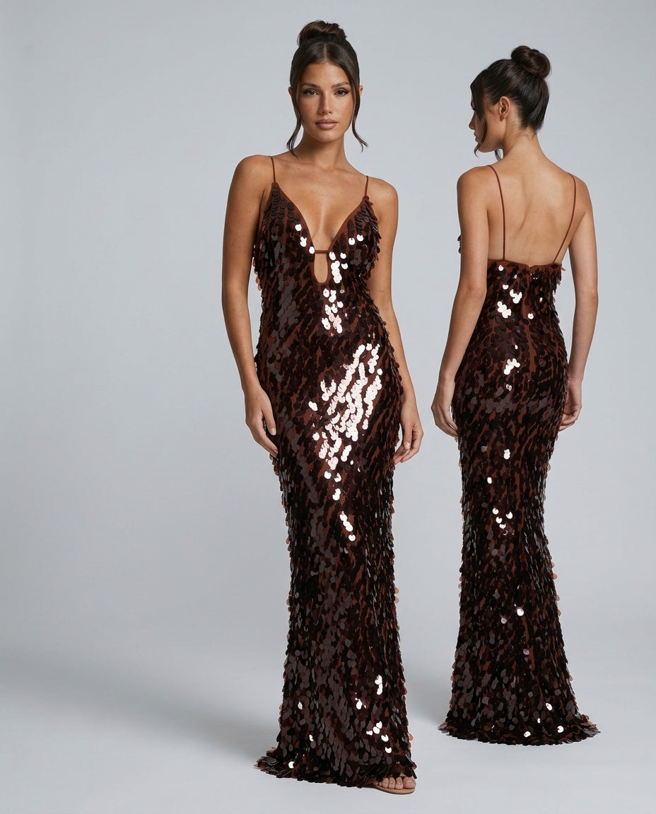 Kira Allover Sequin V-Neck Column Maxi Dress for Women - Brown