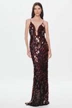 Kira Allover Sequin V-Neck Column Maxi Dress for Women - Brown