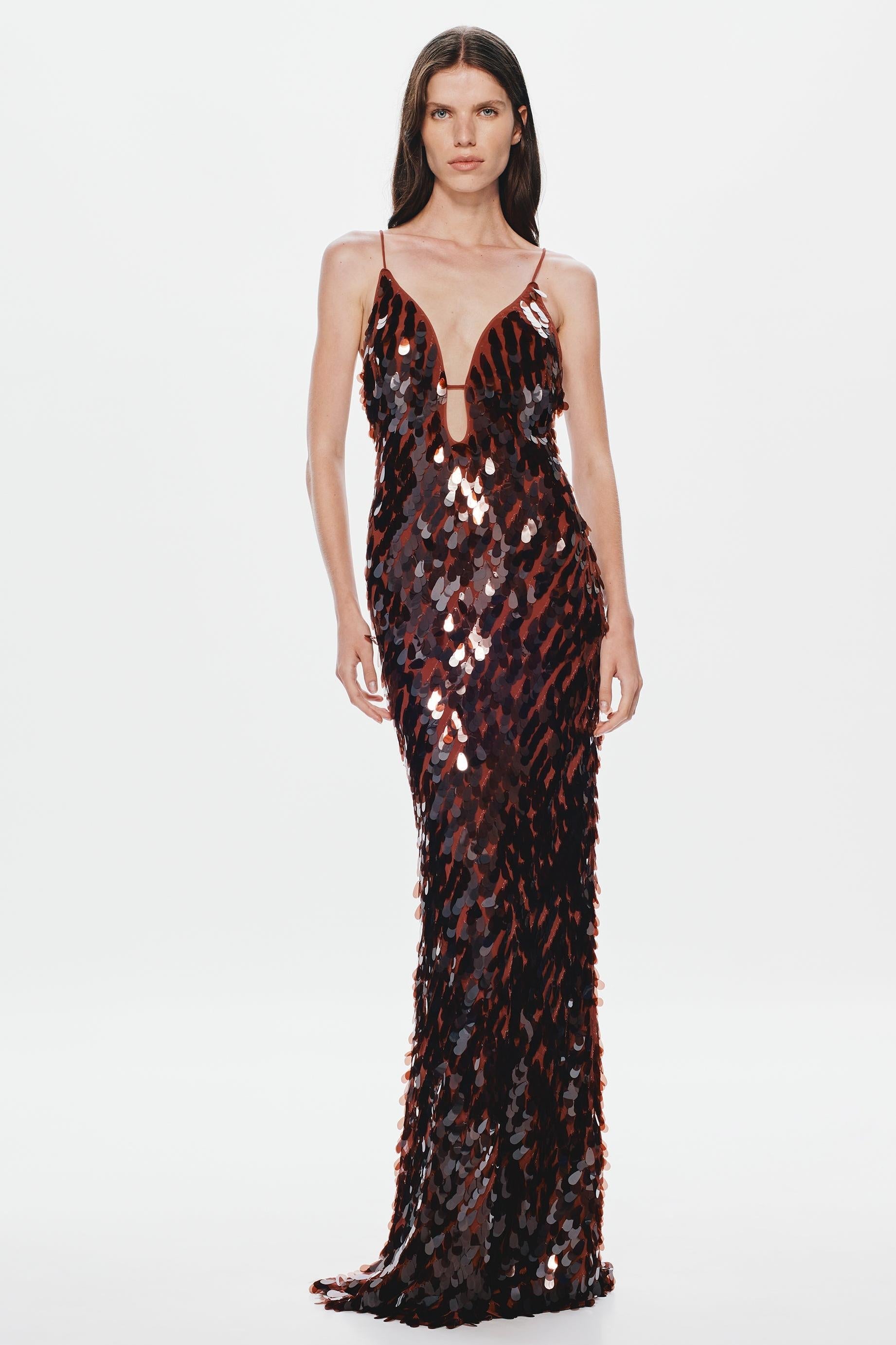 Kira Allover Sequin V-Neck Column Maxi Dress for Women - Brown
