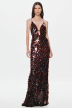 Kira Allover Sequin V-Neck Column Maxi Dress for Women - Brown