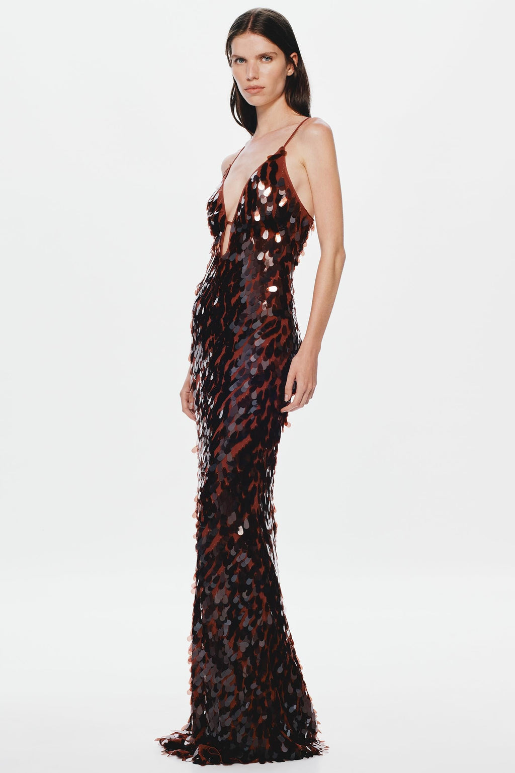 Kira Allover Sequin V-Neck Column Maxi Dress for Women - Brown
