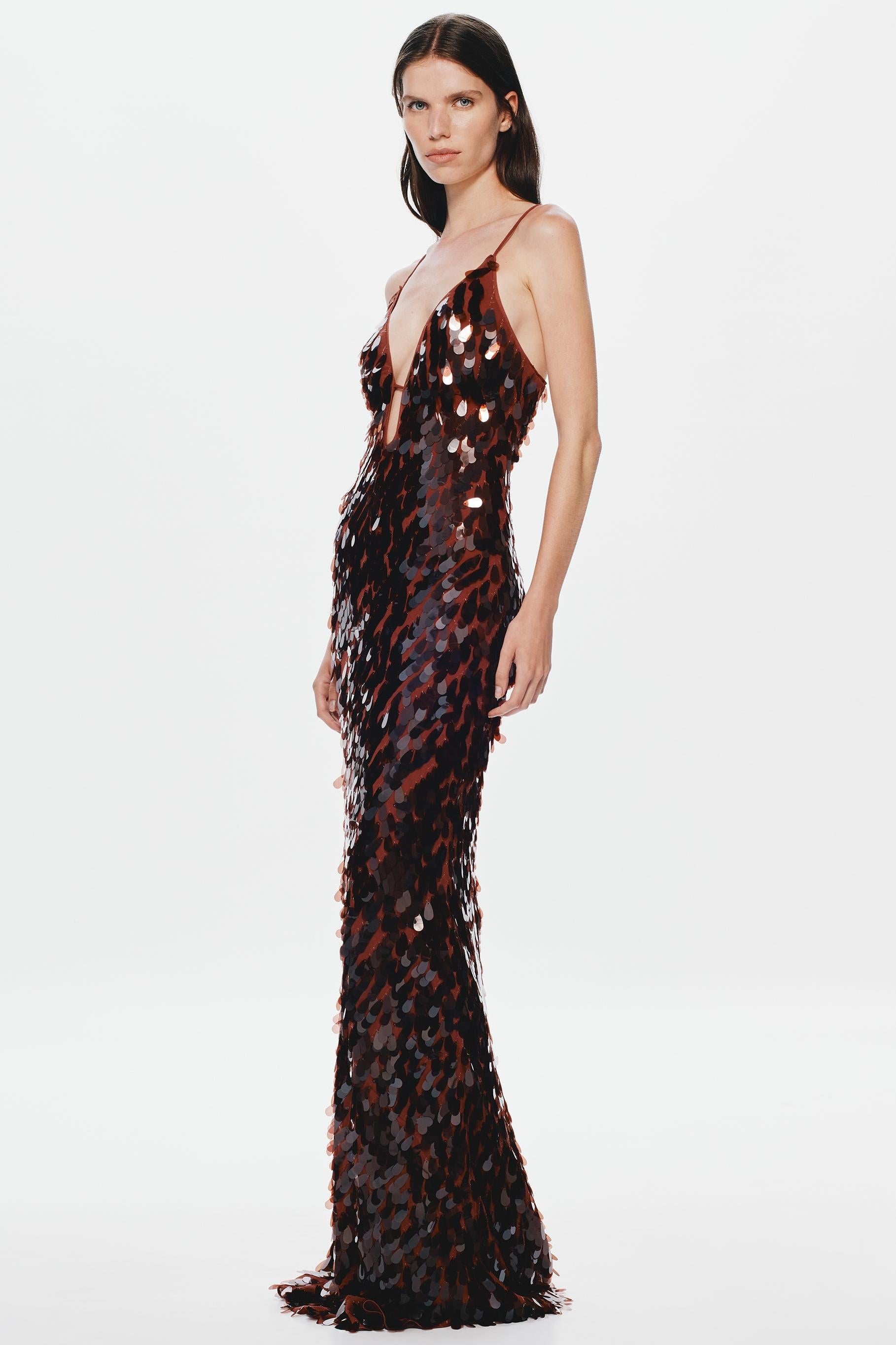 Kira Allover Sequin V-Neck Column Maxi Dress for Women - Brown