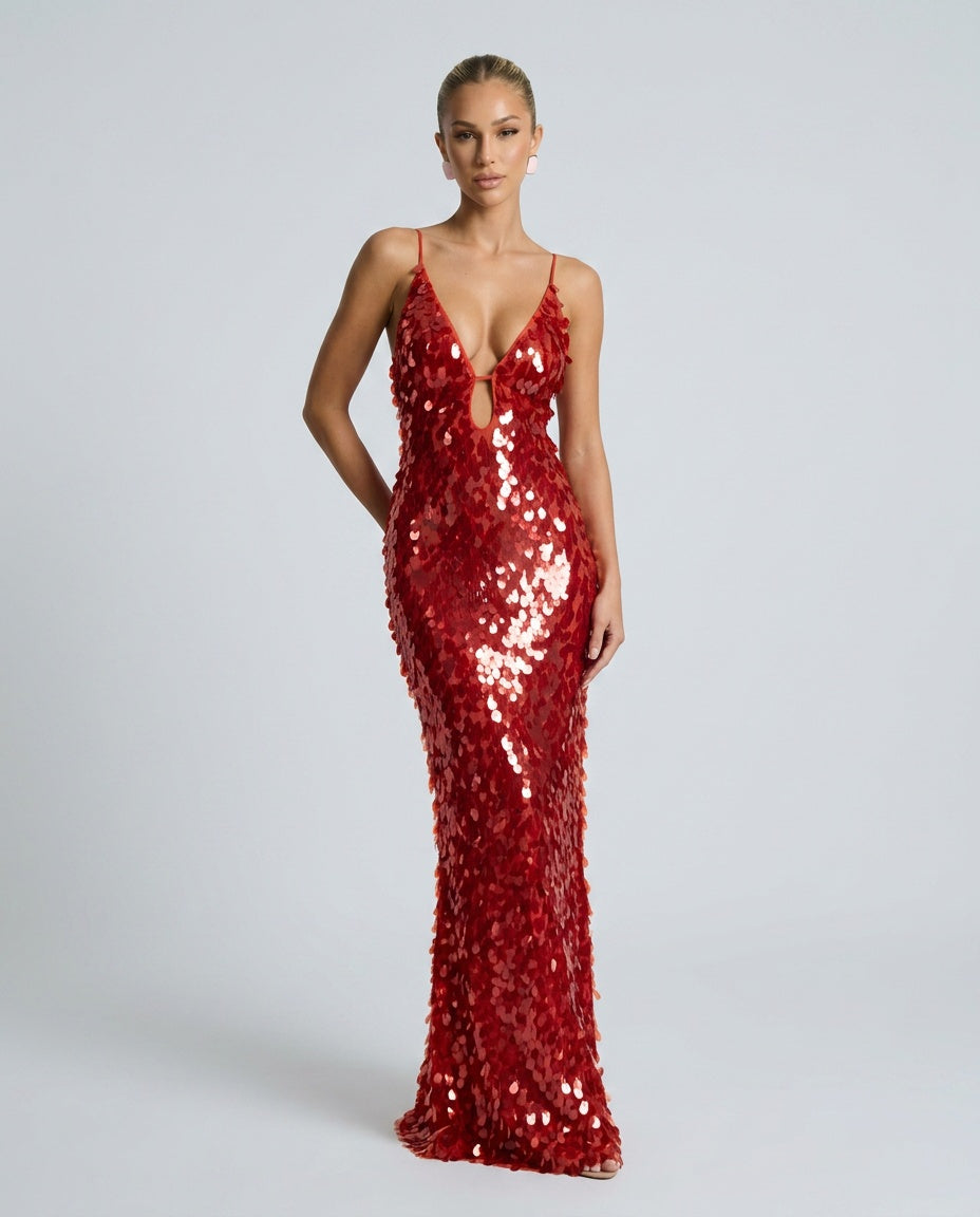Kira Allover Sequin V-Neck Column Maxi Dress for Women - Red